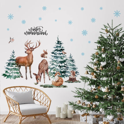 Winter Forest Deer Wall Stickers – Christmas Pine Trees & Animals for Holiday Decor