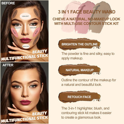 3-Pcs Contour Stick Kit – Highlighter, Blush & Bronzer, Light Medium