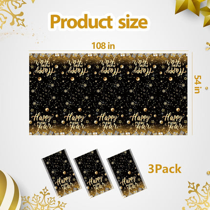 3-Pc Black Happy New Year Tablecloth – Gold Stars & Balls 54×108in
