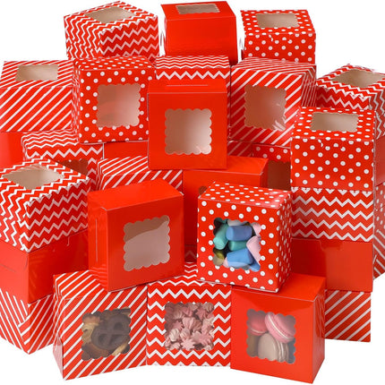 24PCS Holiday Cookie Boxes – Small Red & White Boxes with Window for Gifts & Desserts