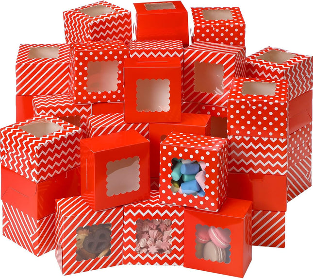 24PCS Holiday Cookie Boxes – Small Red & White Boxes with Window for Gifts & Desserts