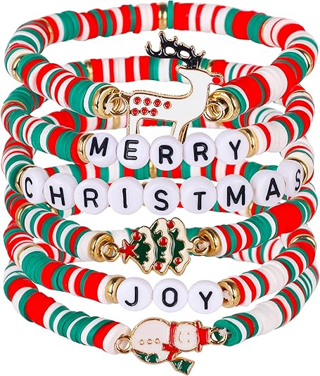 6PCS Christmas Bracelets for Women – Candy-Style Red, White & Green Set