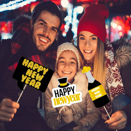 20-Piece Happy New Year 2026 Photo Booth Props – Black & Gold Set