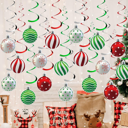 30PCS Christmas Hanging Swirls – Red Green Silver Ceiling Decorations for Parties