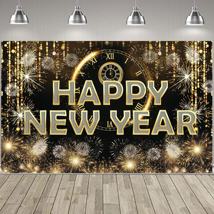 Happy New Year Party Banner – Black Fabric Firework Wall Decor