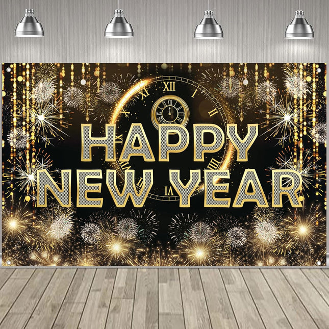 Happy New Year Party Banner – Black Fabric Firework Wall Decor