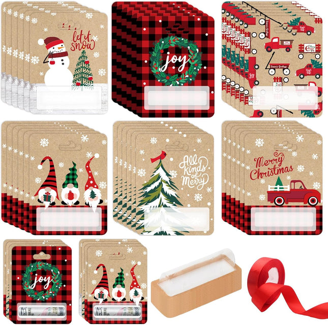 48 Sets Christmas Money Holders – Xmas Tree & Snowman Design with Plastic Cover & Red Accent