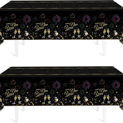 2-Piece 2026 NYE Tablecloths – Black & Gold Disposable Table Covers