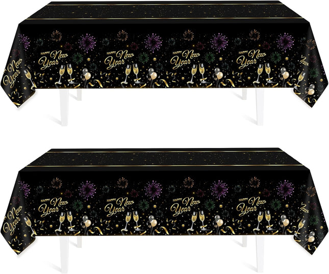 2-Piece 2026 NYE Tablecloths – Black & Gold Disposable Table Covers