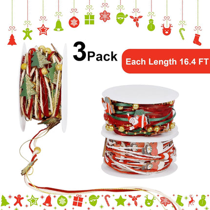 3-Pack Christmas Beads Ribbon, 16.4 Ft – Tree Trim Rope with Santa Claus & Snowman