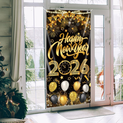 Happy New Year 2026 Door Cover – Black & Gold NYE Party Decoration