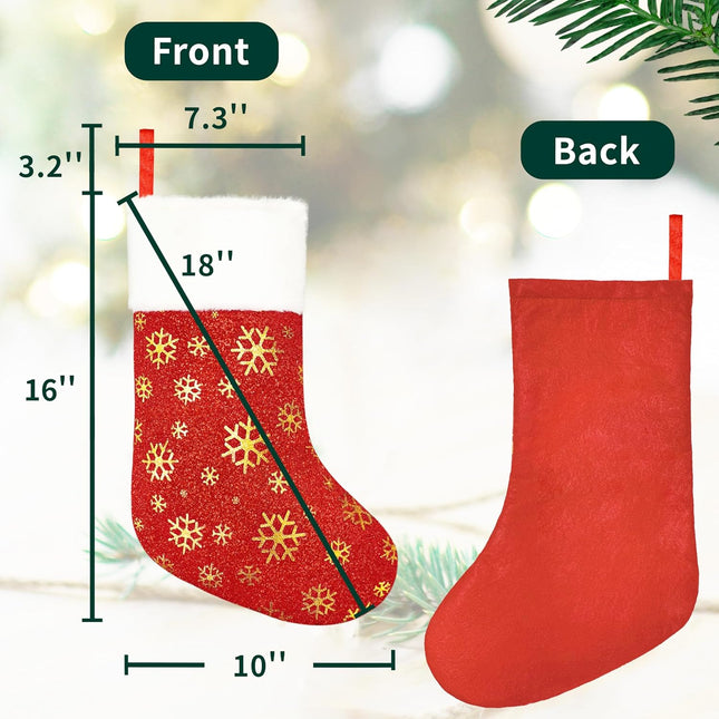 12pcs Red Christmas Stockings 18” – Gold Snowflakes, Sparkling Holiday Decor