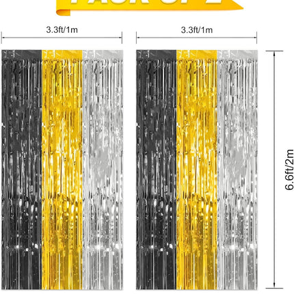 Black Gold Silver Foil Streamers – 2-Pc 3.3×6.6ft Party & Photo Booth Decor