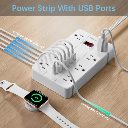 Power Strip with USB-C – 8 Outlets, 6 USB Ports, Flat Plug, 5FT Cord