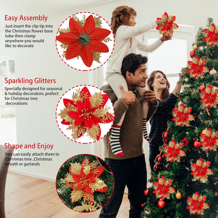 12 PCS Red & Gold Poinsettia Flowers – Xmas Tree & Holiday Decoration