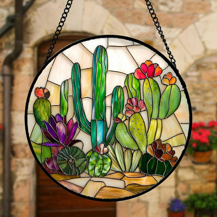 6.3" Cactus Stained Glass Suncatcher, Window Hanging Decor, Gift for Women, Mom & Grandma
