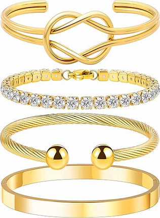 Gold Cuff Stack Bracelet Set for Women – 18K Gold Plated CZ Tennis & Love Bangle