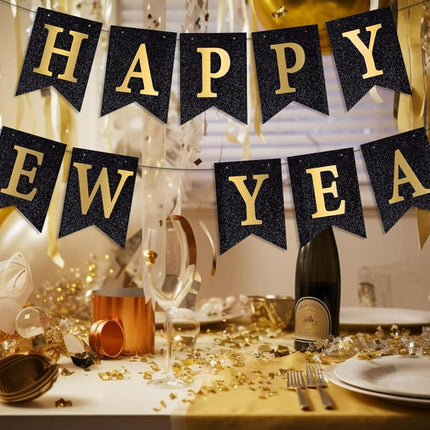 Happy New Year 2026 Banner – Black Glitter Pre-Strung Party Supplies