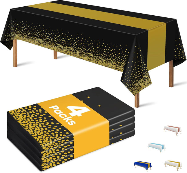 4 Pack New Year 2026 Disposable Tablecloths Black & Gold Party Supplies