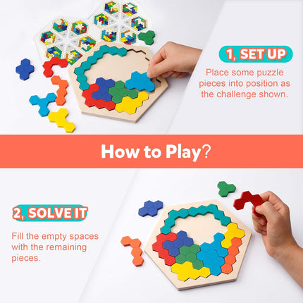 Wooden Hexagon Tangram Puzzle STEM Brain Teaser Game for Kids & Adults