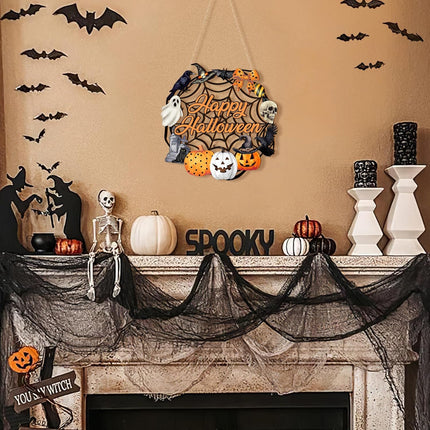 Halloween Wooden Ghost Door Wreath, Pumpkin Black Cat Front Door & Wall Hanging Decor