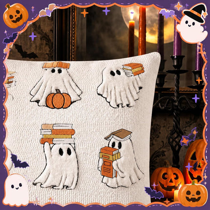2-Pack 18x18in Halloween Reading Ghost Pillow Covers, Cute Book Lover Decor