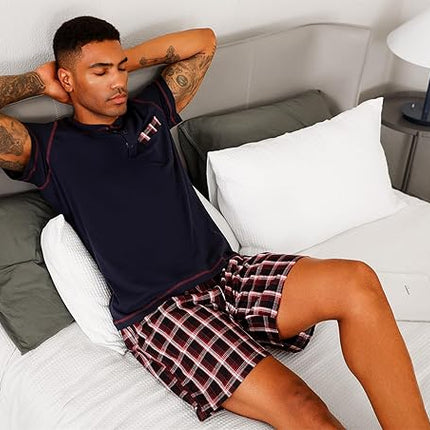 Men’s Cotton Pajama Set Short Sleeve Sleepwear Shorts with Pockets Size S-3XL