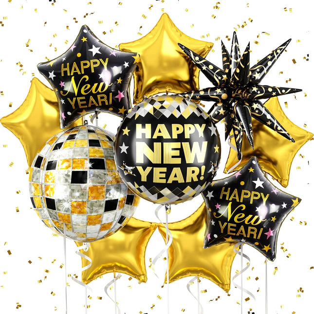 18-Piece Black & Gold Foil Balloons – Happy New Year 2026 Decorations