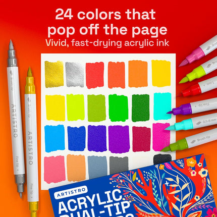 24 Acrylic Paint Markers – Brush & Fine Tips for DIY, Fabric, Rock & Glass
