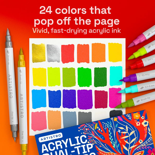 24 Acrylic Paint Markers – Brush & Fine Tips for DIY, Fabric, Rock & Glass
