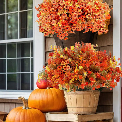 Artificial Mums Flowers 16 Bundles, UV-Resistant Fall Porch & Window Decor