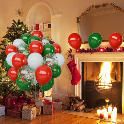 65PCS Christmas Balloons Set – 12" Red, Green & White Latex and Confetti Balloons