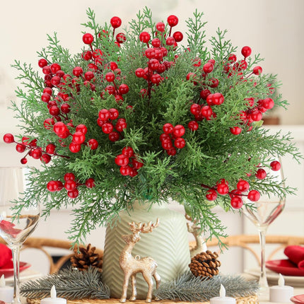 4 Bundles Christmas Flower Picks – Faux Pine & Red Berry Stems for DIY Decor