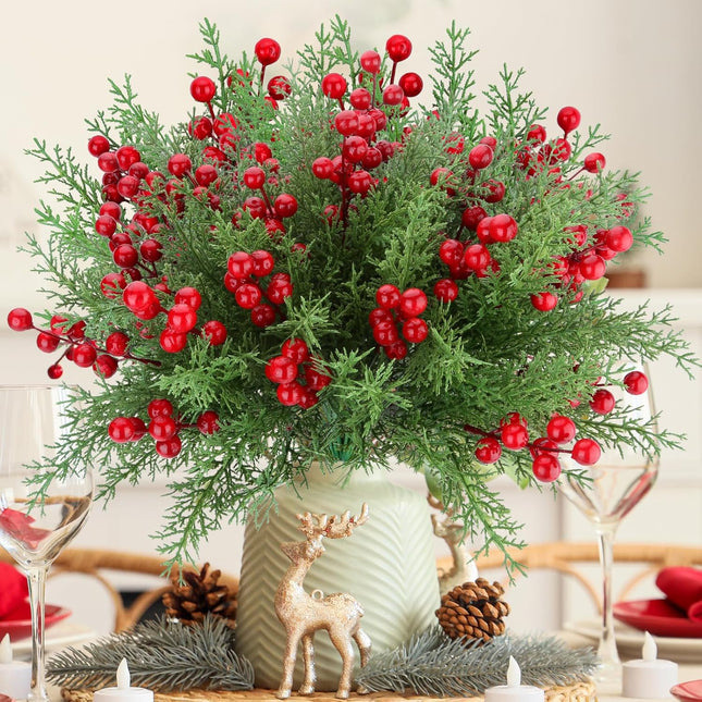 4 Bundles Christmas Flower Picks – Faux Pine & Red Berry Stems for DIY Decor
