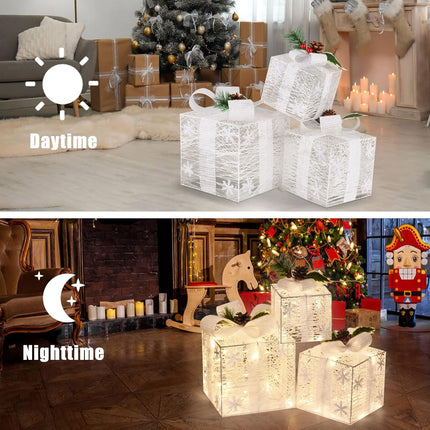 Warm White LED Lighted Gift Boxes Set of 3 Christmas Ornaments with Bows