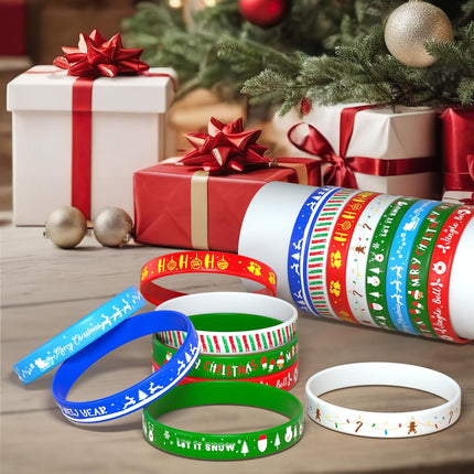 24PCS Christmas Silicone Bracelets, 8 Styles with Xmas Patterns, Rubber Wristbands