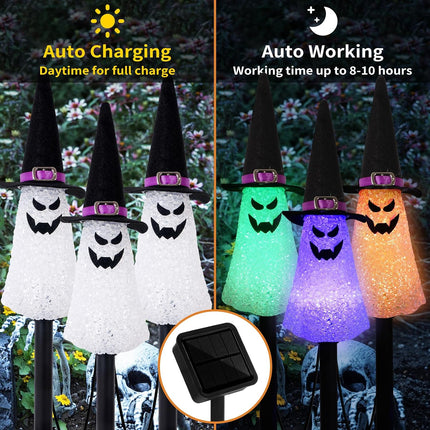 3-Pack Solar Halloween Ghost Pathway Lights, Waterproof Yard Stakes, Orange Purple Green