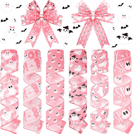 6-Roll Pink Halloween Wired Ribbon, 30 Yards, Ghost Witch Hat Bat Spider Web Print