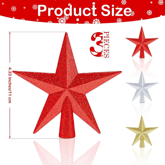 3 Pack Mini Star Tree Toppers 4" – Glitter Gold, Silver & Red Christmas Stars