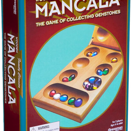 Classic Mancala Board Game Wooden Hinged Board 48 Glass Stones 2 Player