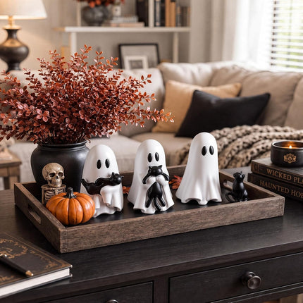 4-Piece 6in Halloween Ghost Cat Figurines, Cute Resin Gothic Tabletop Shelf Decor
