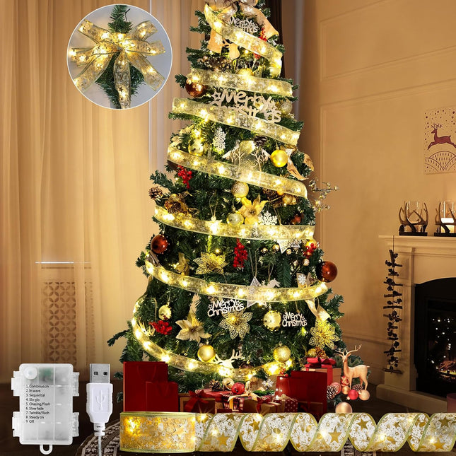 Christmas Tree Fairy Ribbon Lights – 32ft 100 LED Gold Indoor Decoration