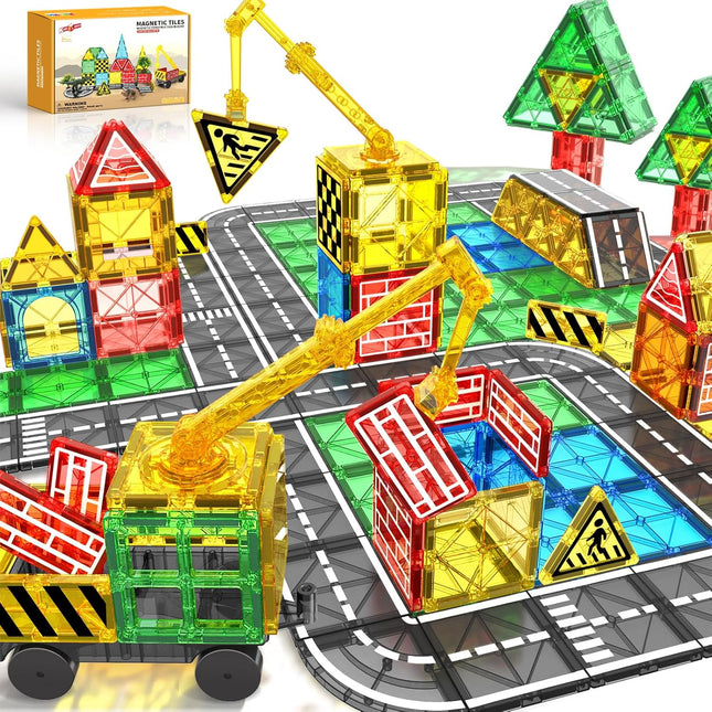Magnetic Tiles Road Building Blocks & Crane Car Set for Kids 3+