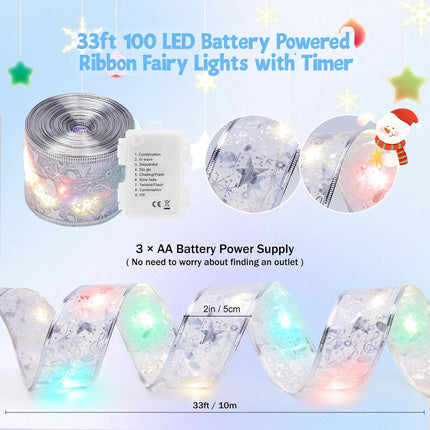 Christmas Tree Ribbon Lights, 33ft 100 LED Battery-Powered Fairy Lights