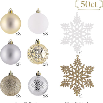 White and Gold Christmas Balls – 50ct Shatterproof Ornaments, 2.36 Inches