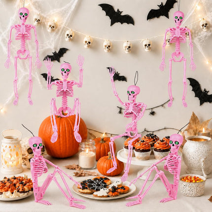 6-Pack 16in Pink Halloween Skeletons with Eyes & Box, Indoor Outdoor Yard Decor