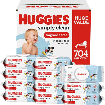 Simply Clean Unscented Baby Wipes – 11 Flip-Top Packs, 704 Wipes Total