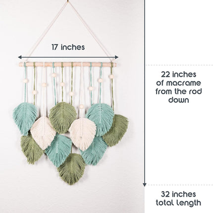 Macrame Wall Hanging Leaves, Large Boho Feather Tapestry, Green Sage Beige Decor