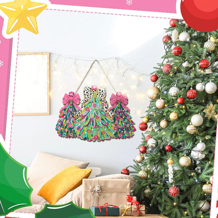 Pink Christmas Tree Door Sign – Wooden Welcome Wreath with Bows Decor