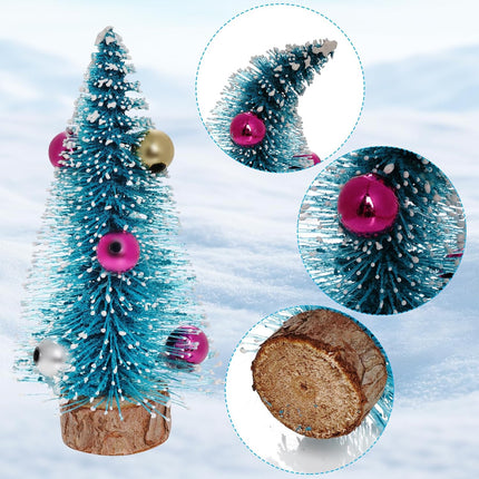 12PCS Mini Christmas Trees Blue Bottle Brush Trees with Wooden Base Decor
